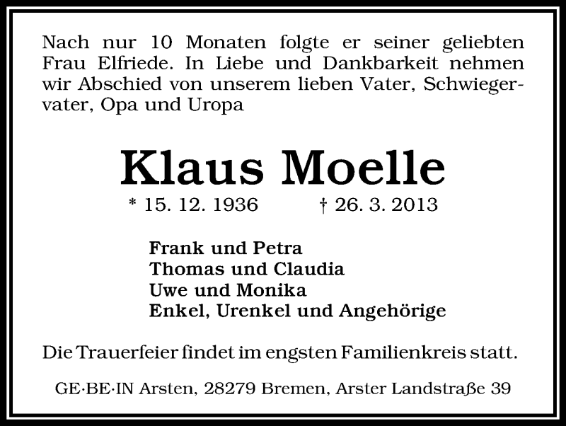 Traueranzeige von Klaus Moelle von WESER-KURIER