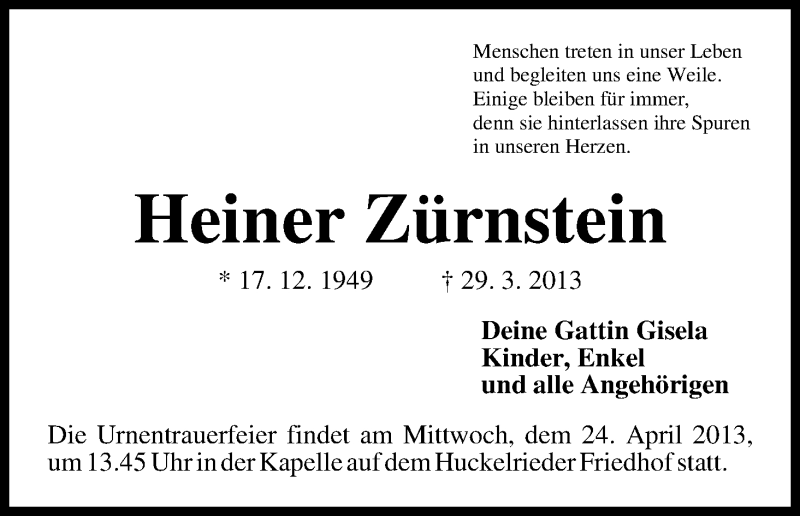 Traueranzeige von Heiner Zürnstein von WESER-KURIER