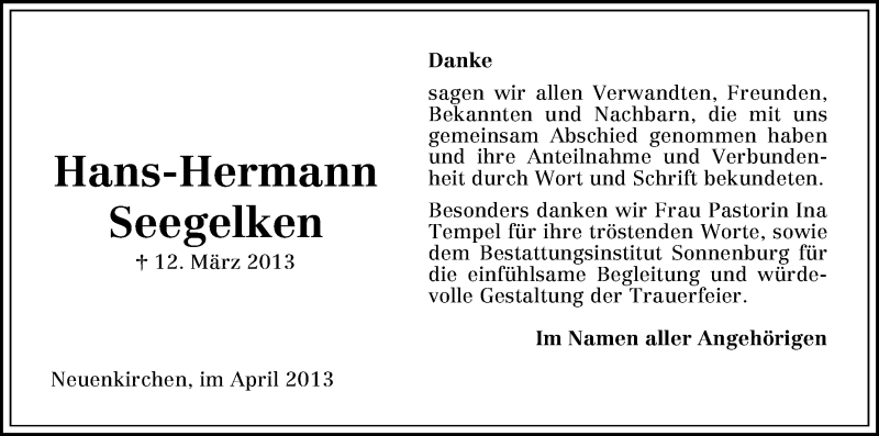 Traueranzeige von Hans-Hermann Seegelken von WESER-KURIER