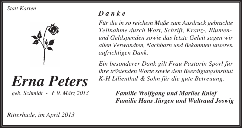 Traueranzeige von Erna Peters von WESER-KURIER