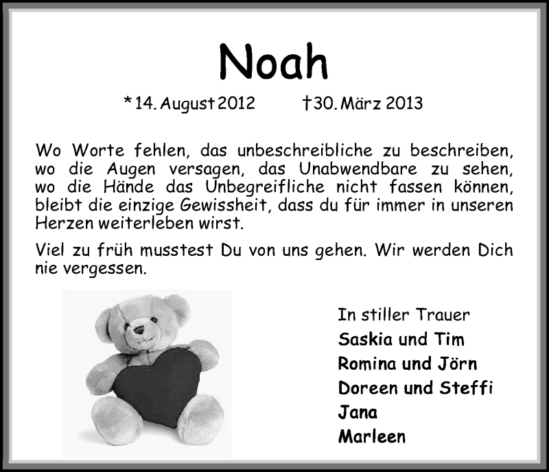  Traueranzeige für Noah Blödorn vom 06.04.2013 aus WESER-KURIER