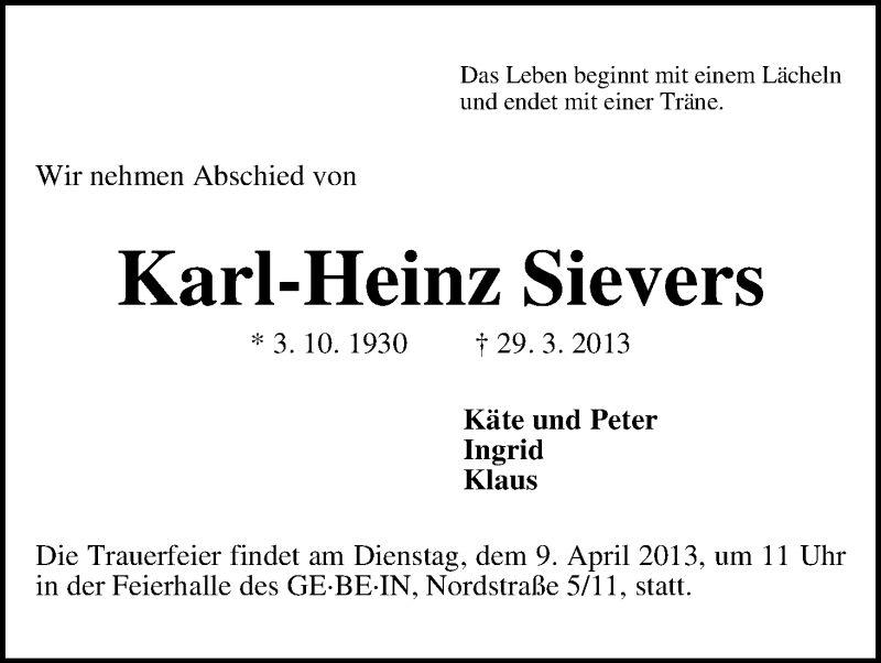 Traueranzeige von Karl-Heinz Sievers von WESER-KURIER