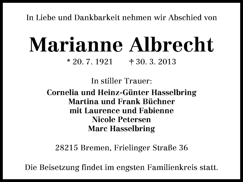 Traueranzeige von Marianne Albrecht von WESER-KURIER
