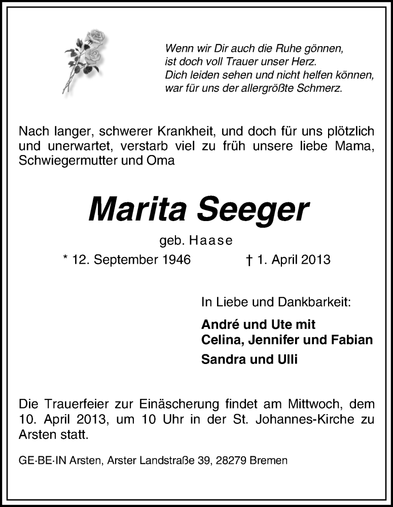 Traueranzeige von Marita Seeger von WESER-KURIER
