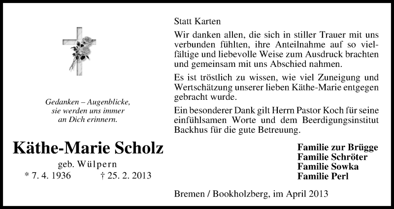 Traueranzeige von Käthe-Marie Scholz von WESER-KURIER