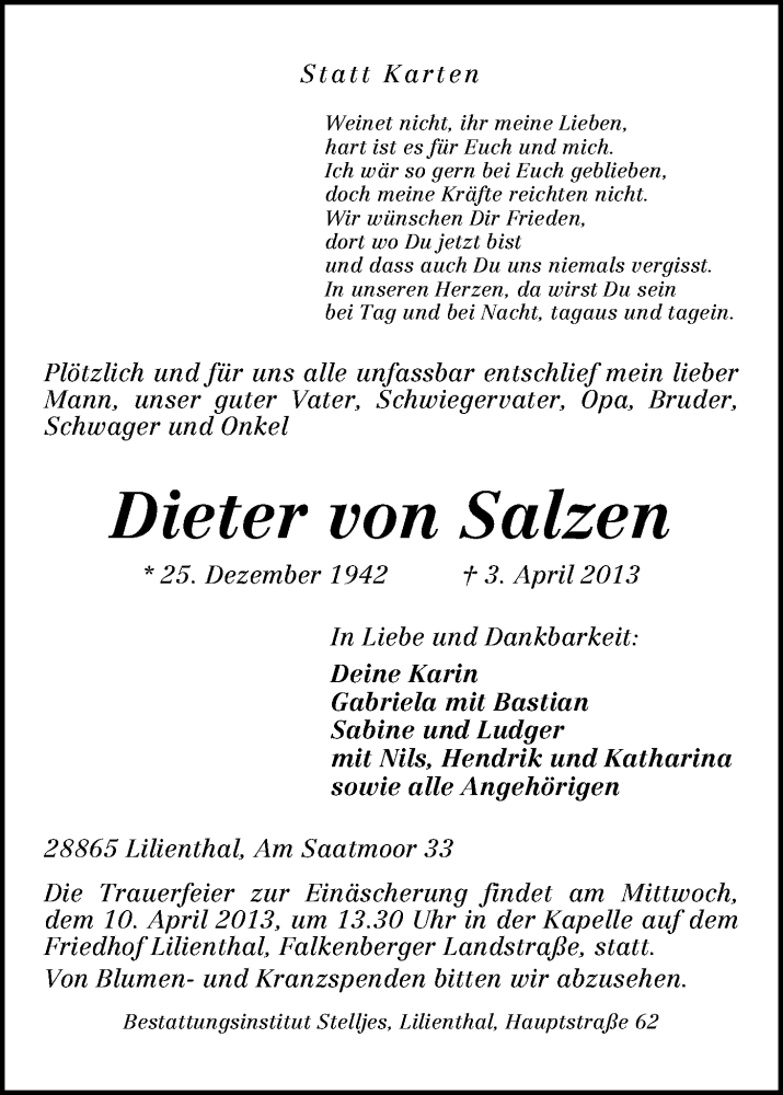  Traueranzeige für Dieter von Salzen vom 06.04.2013 aus WESER-KURIER