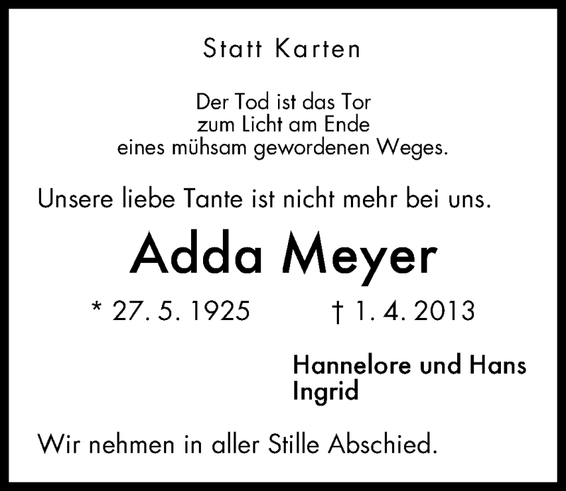Traueranzeige von Adda Meyer von WESER-KURIER