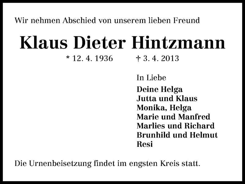 Traueranzeige von Klaus Dieter Hintzmann von WESER-KURIER