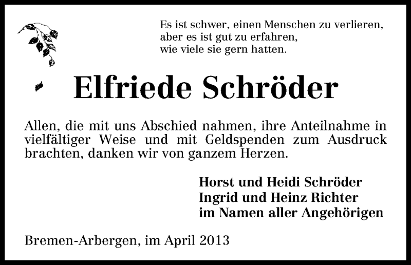 Traueranzeige von Elfriede Schröder von WESER-KURIER