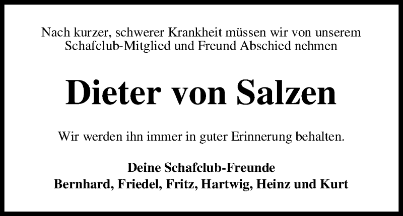  Traueranzeige für Dieter von Salzen vom 06.04.2013 aus WESER-KURIER