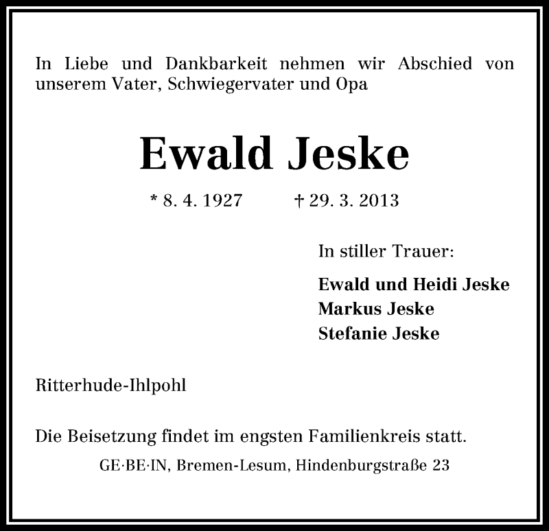 Traueranzeige von Ewald Jeske von WESER-KURIER
