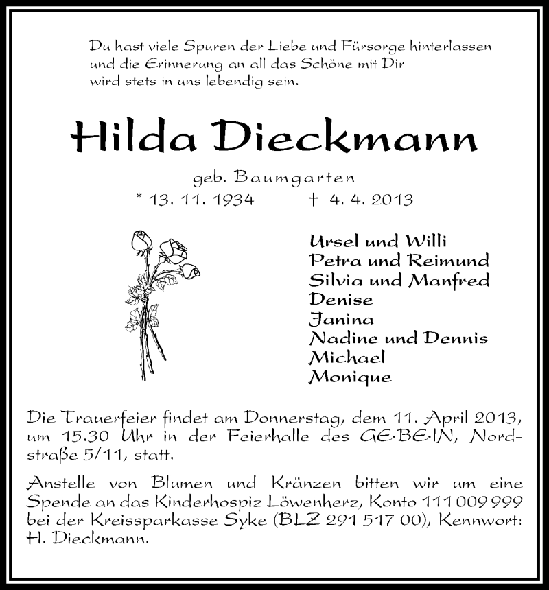 Traueranzeige von Hilda Dieckmann von WESER-KURIER