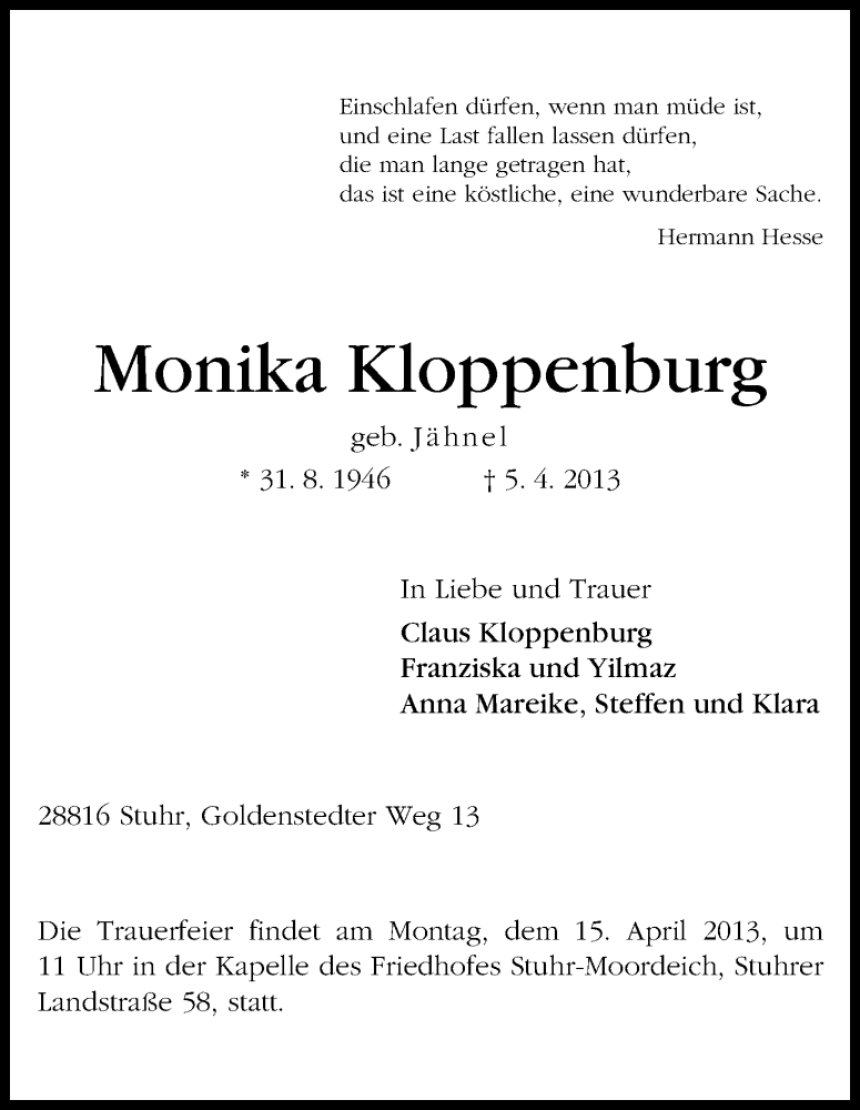 Traueranzeige von Monika Kloppenburg von WESER-KURIER