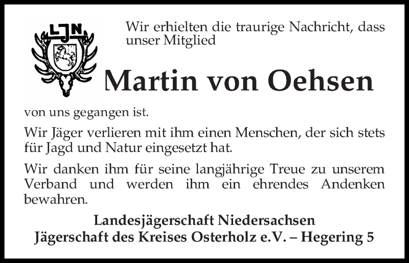 Traueranzeige von Martin von Oehsen von WESER-KURIER