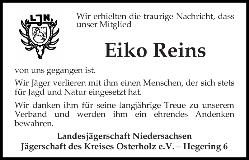  Traueranzeige für Eiko Reins vom 12.11.2013 aus WESER-KURIER