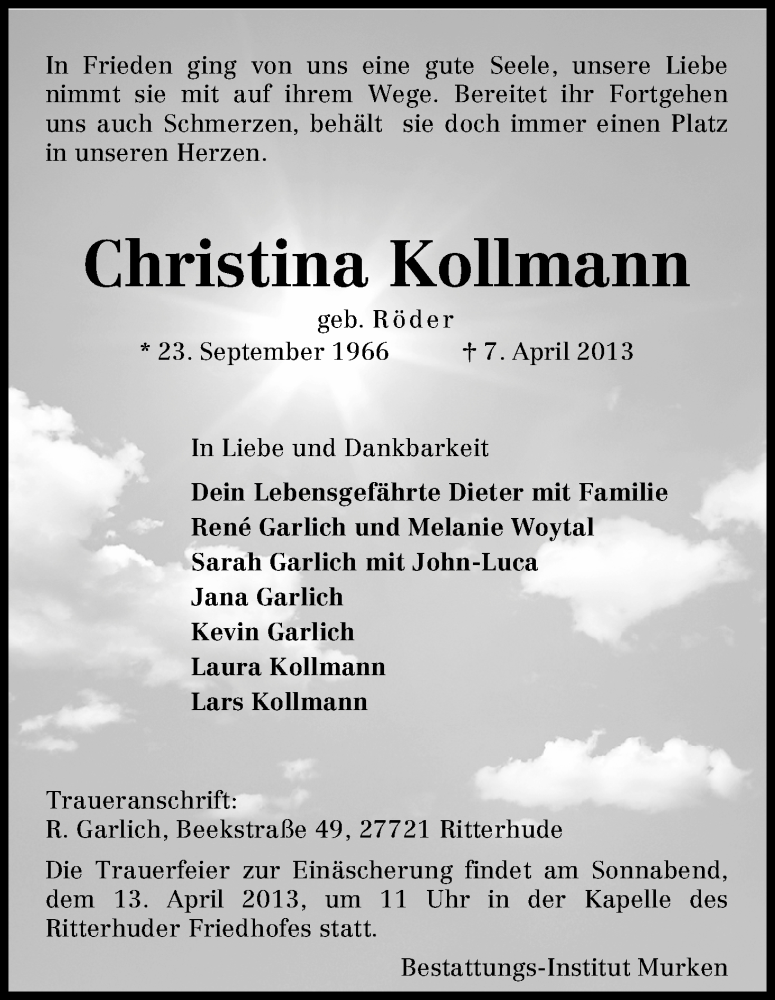  Traueranzeige für Christina Kollmann vom 10.04.2013 aus WESER-KURIER