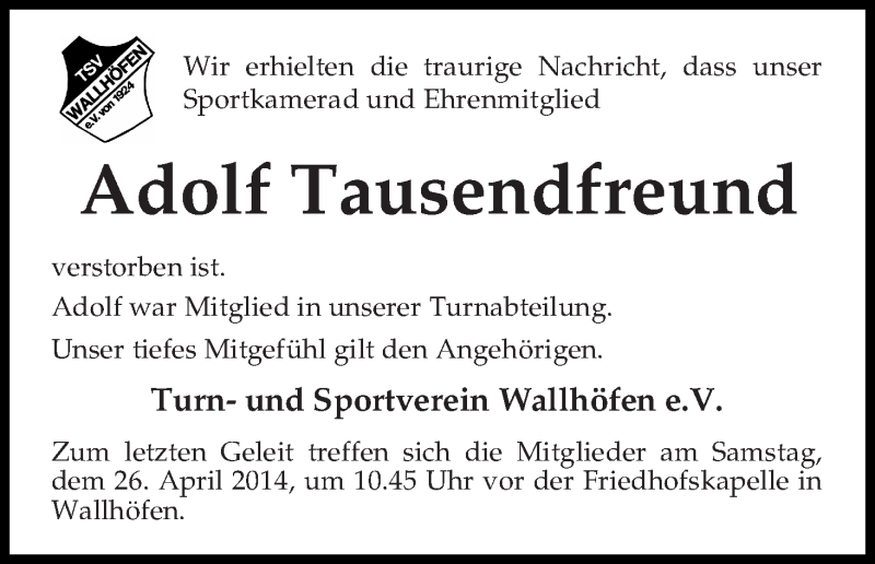 Traueranzeige von Adolf Tausendfreund von Osterholzer Kreisblatt
