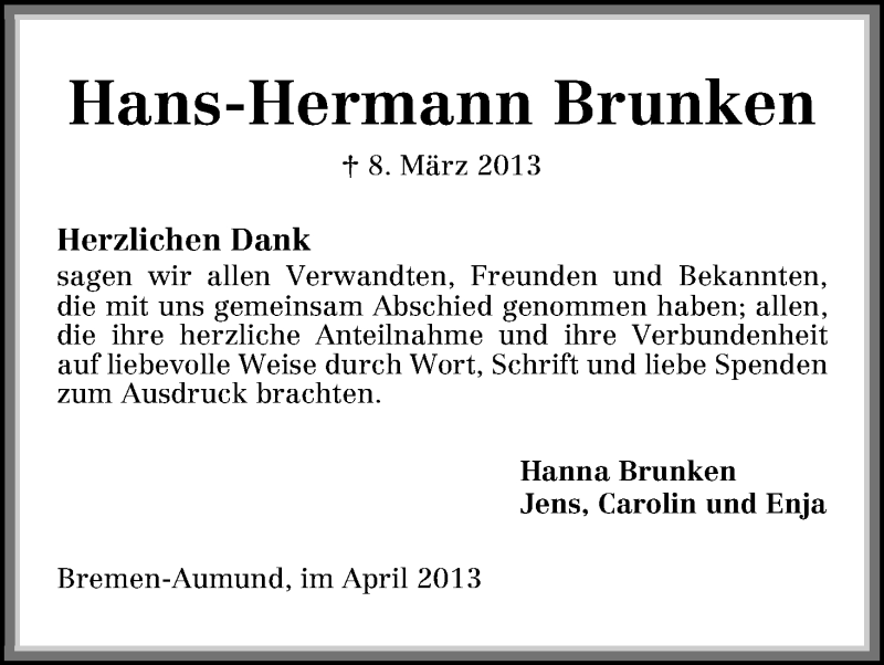Traueranzeige von Hans-Hermann Brunken von WESER-KURIER