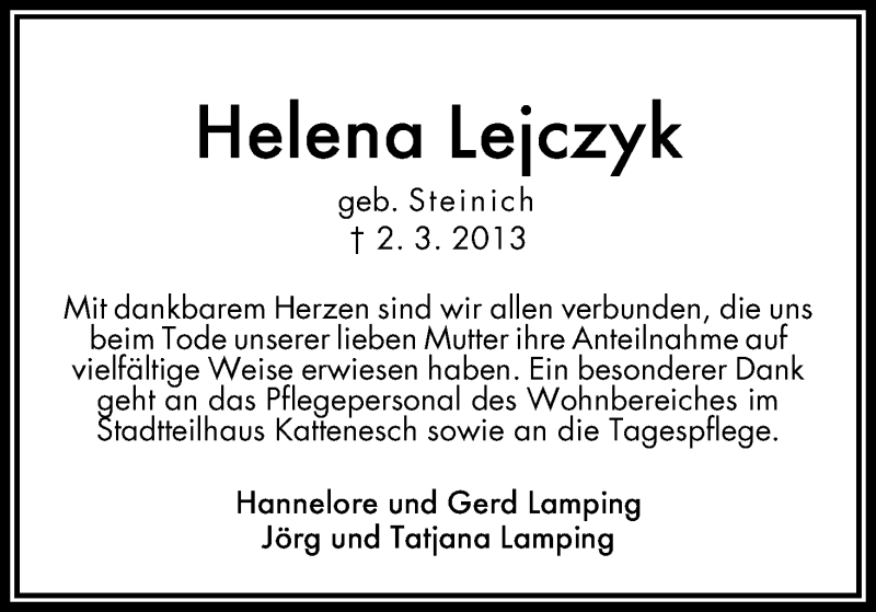 Traueranzeige von Helena Lejczyk von WESER-KURIER