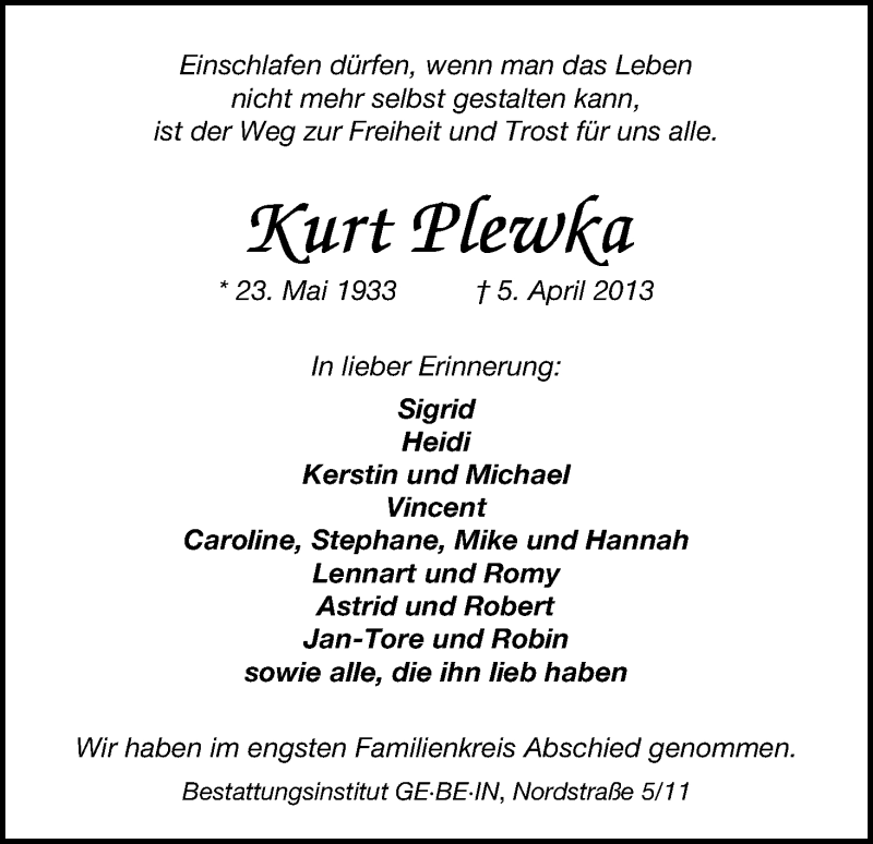 Traueranzeige von Kurt Plewka von WESER-KURIER