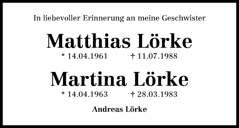 Traueranzeige von Matthias und Martina Lörke von WESER-KURIER