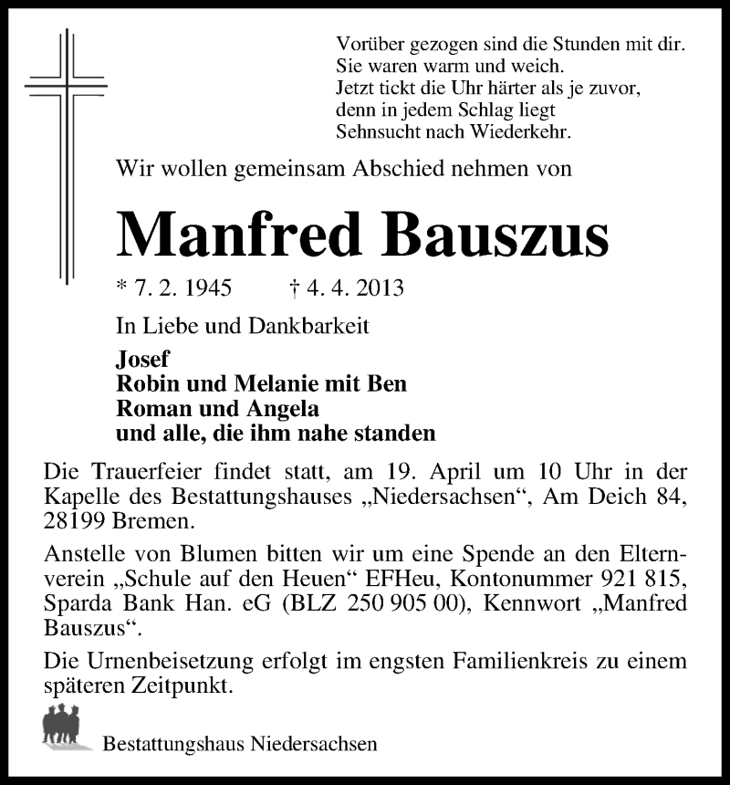  Traueranzeige für Manfred Bauszus vom 13.04.2013 aus WESER-KURIER