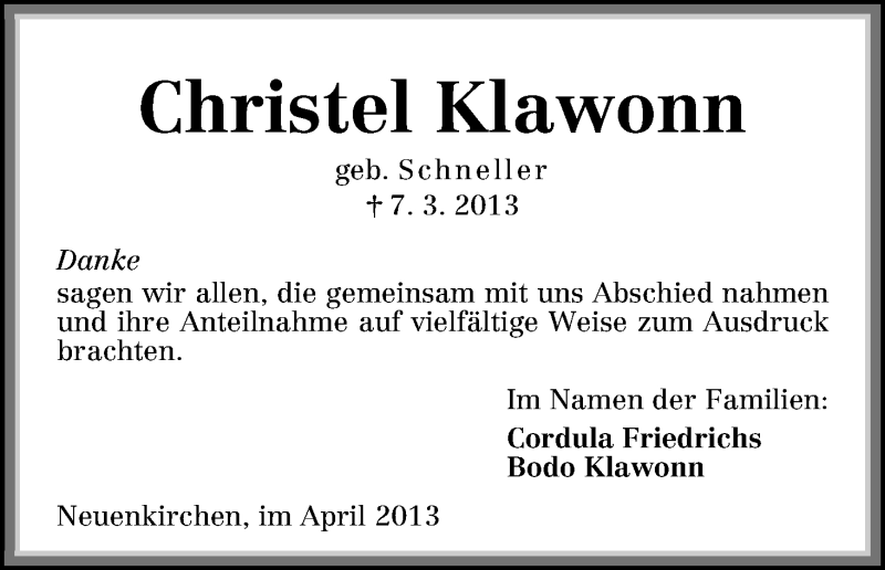 Traueranzeige von Christel Klawonn von WESER-KURIER