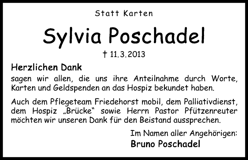 Traueranzeige von Sylvia Poschadel von WESER-KURIER