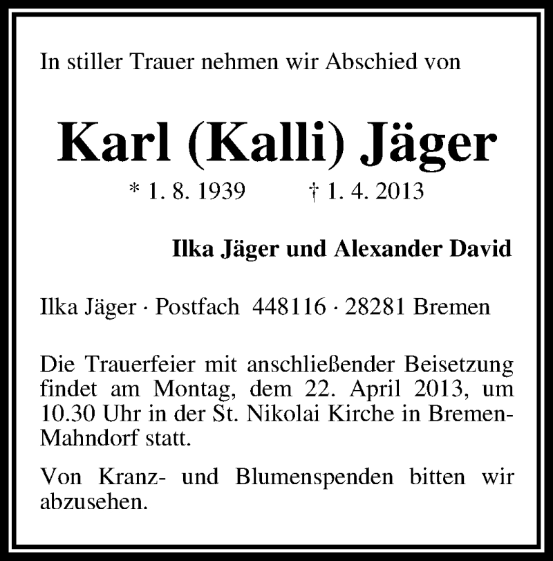 Traueranzeige von Karl Jäger von WESER-KURIER