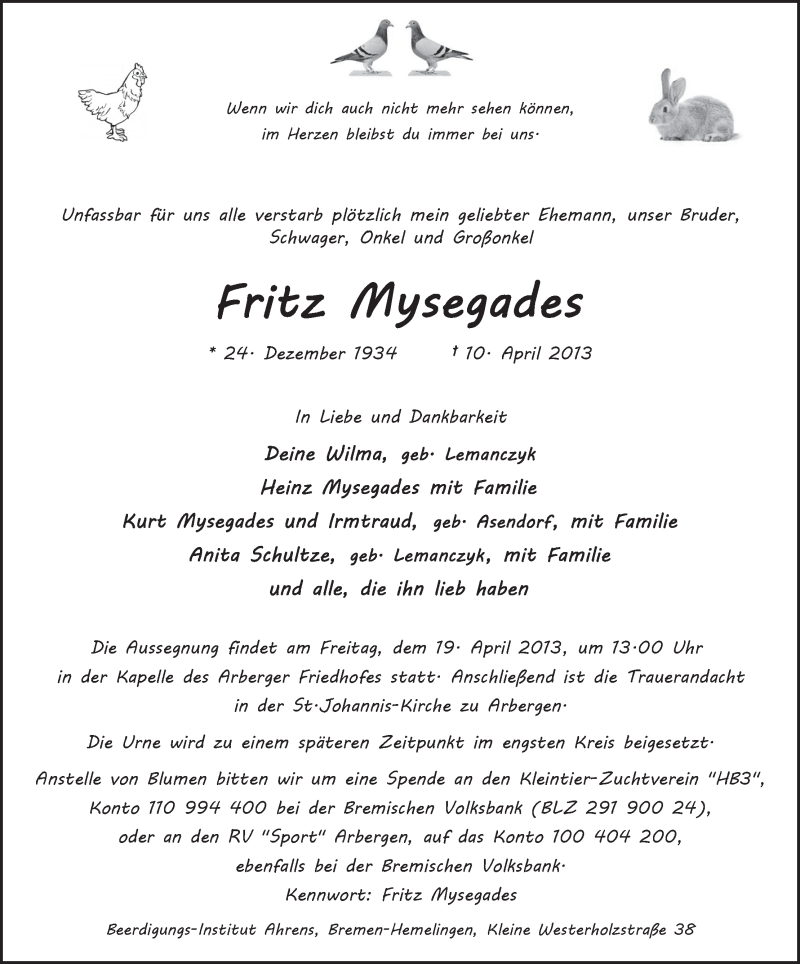 Traueranzeige von Fritz Mysegades von WESER-KURIER