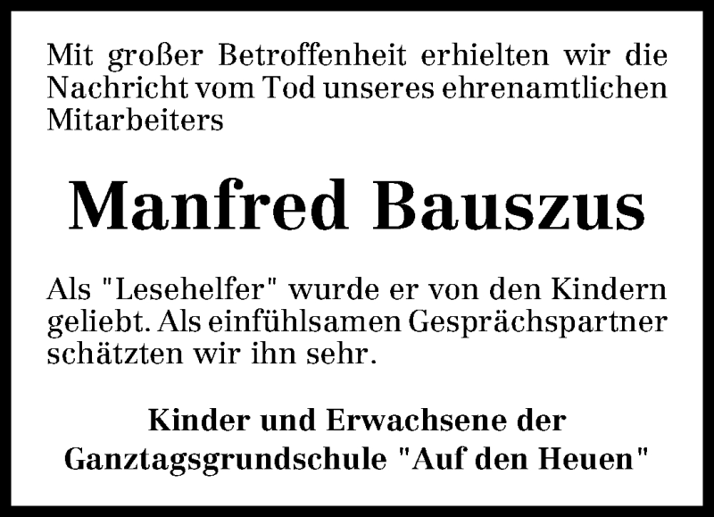  Traueranzeige für Manfred Bauszus vom 13.04.2013 aus WESER-KURIER
