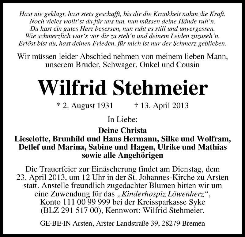 Traueranzeige von Wilfrid Stehmeier von WESER-KURIER