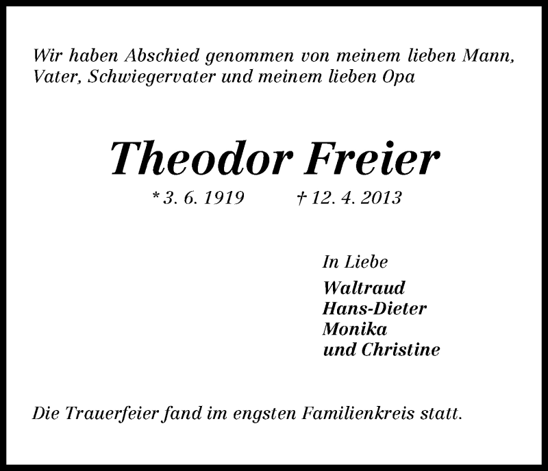Traueranzeige von Theodor Freier von WESER-KURIER
