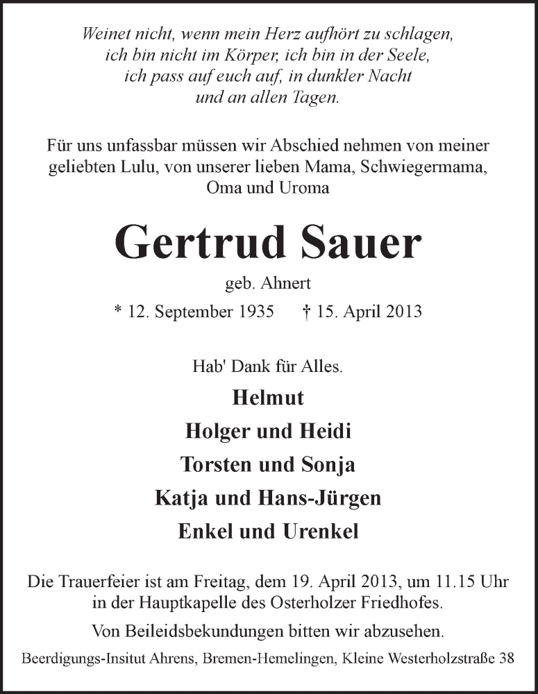  Traueranzeige für Gertrud Sauer vom 17.04.2013 aus WESER-KURIER
