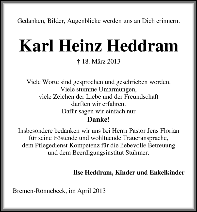  Traueranzeige für Karl Heinz Heddram vom 18.04.2013 aus WESER-KURIER
