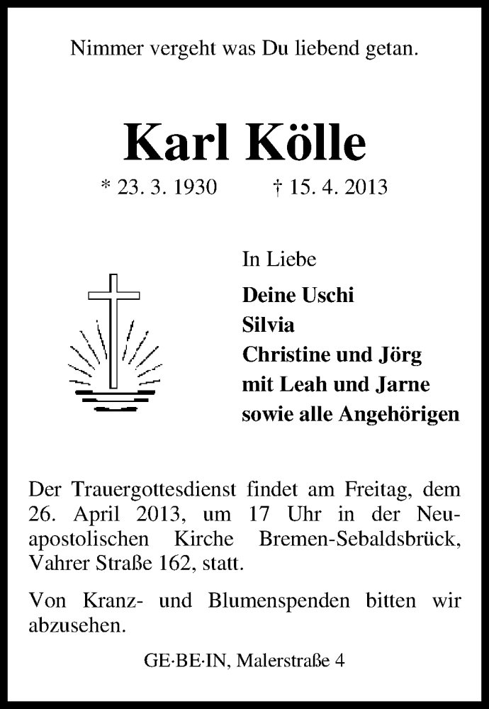 Traueranzeige von Karl Kölle von WESER-KURIER