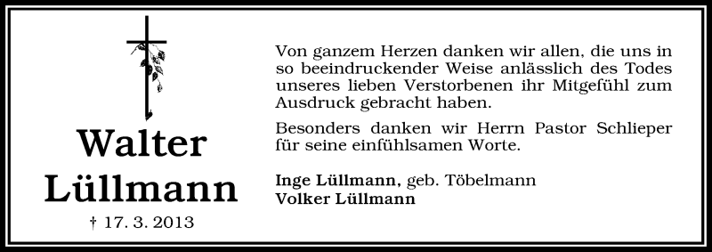 Traueranzeige von Walter Lüllmann von WESER-KURIER