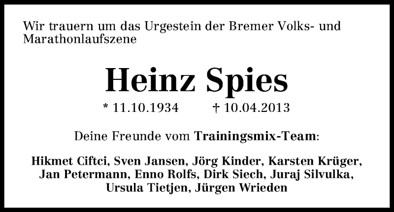 Traueranzeige von Heinz Spies von WESER-KURIER