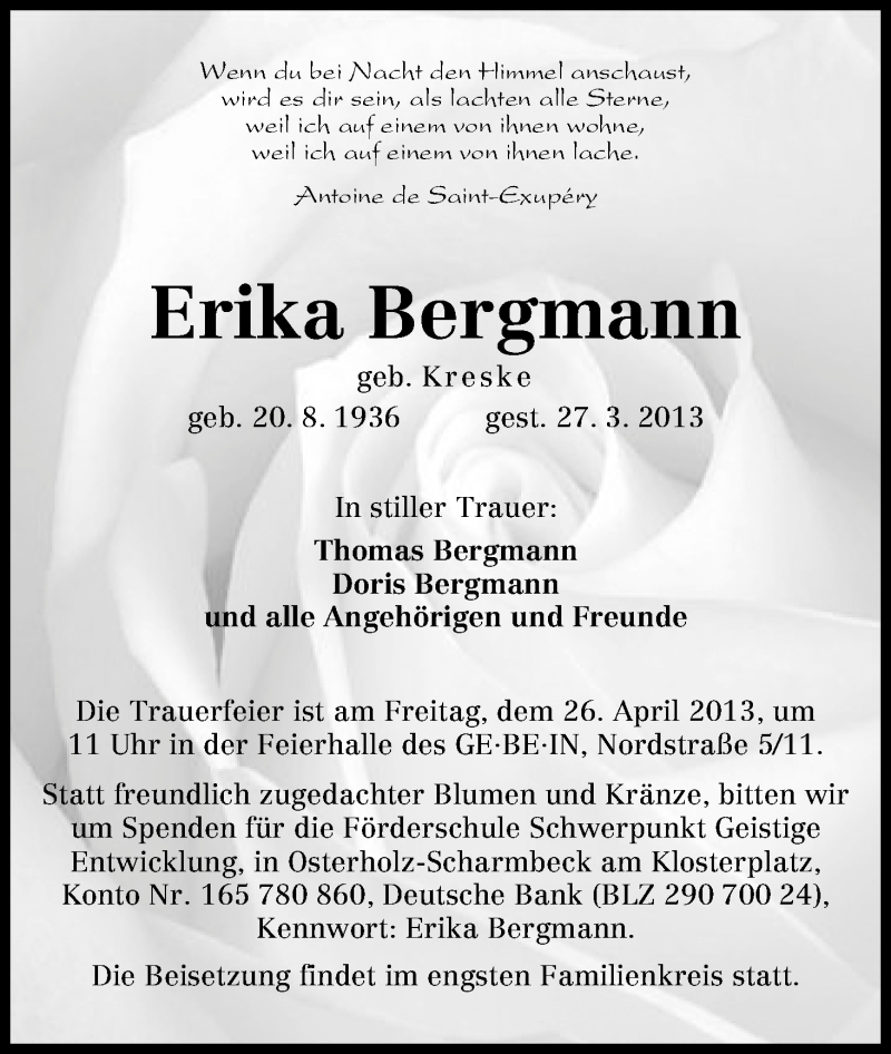 Traueranzeige von Erika Bergmann von WESER-KURIER