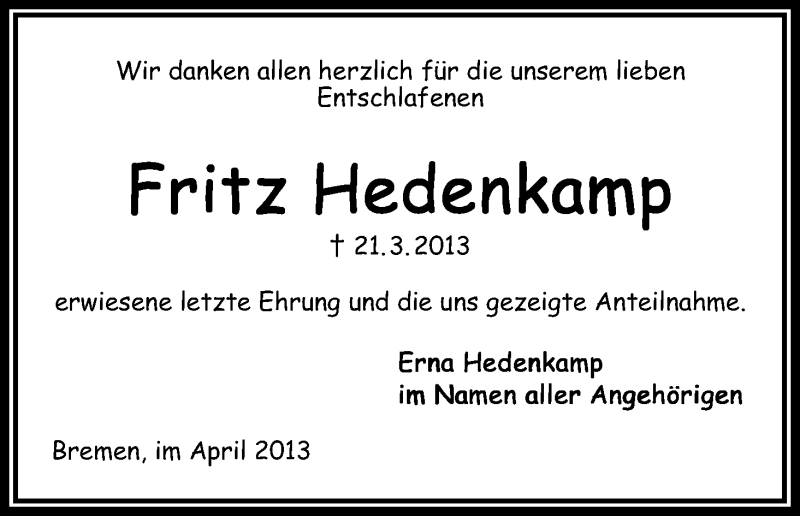 Traueranzeige von Fritz Hedenkamp von WESER-KURIER