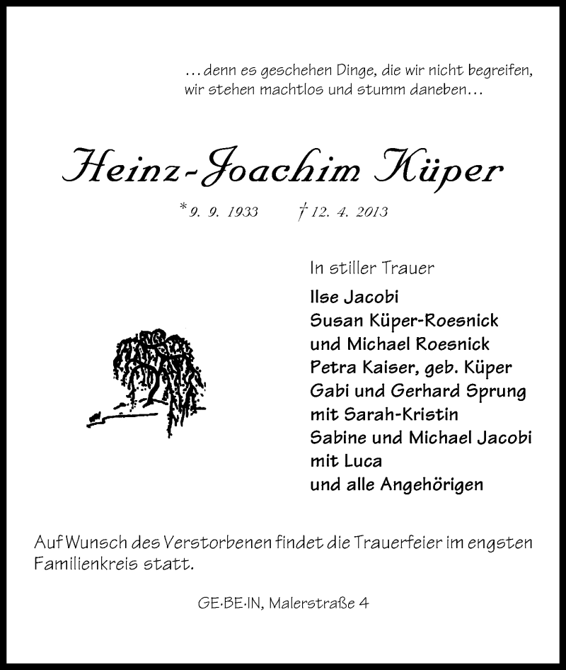 Traueranzeige von Heinz-Joachim Küper von WESER-KURIER