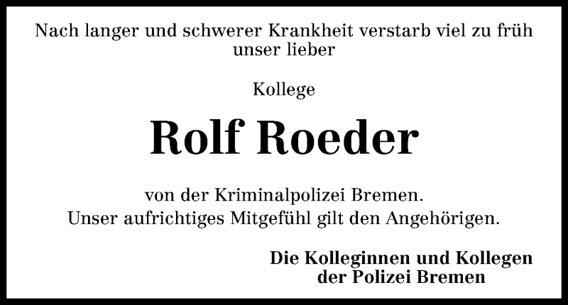  Traueranzeige für Rolf Roeder vom 20.04.2013 aus WESER-KURIER