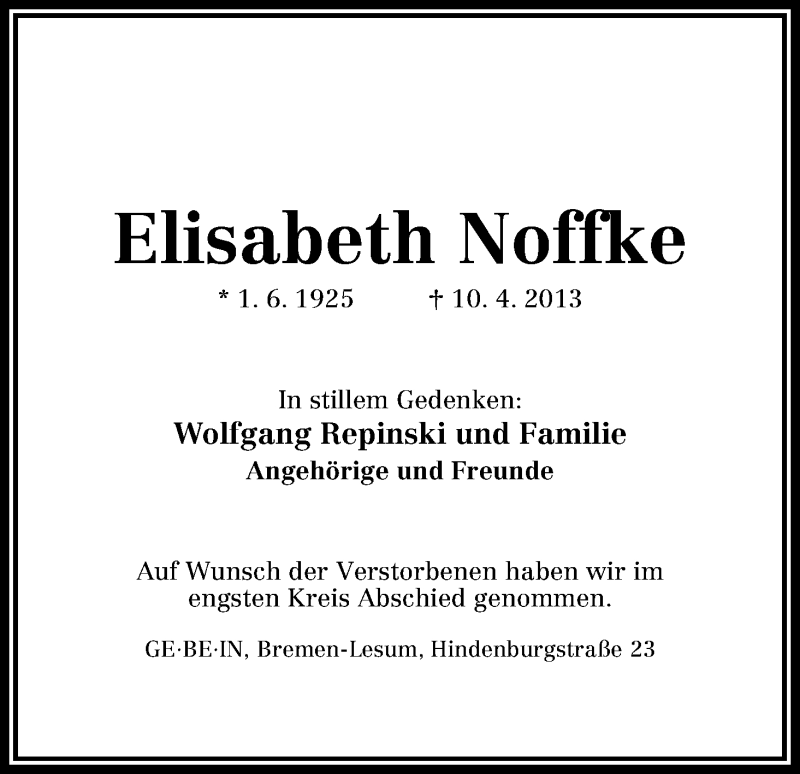 Traueranzeige von Elisabeth Noffke von WESER-KURIER