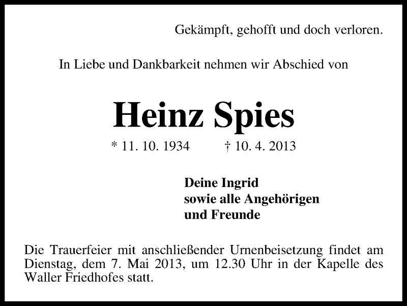 Traueranzeige von Heinz Spies von WESER-KURIER