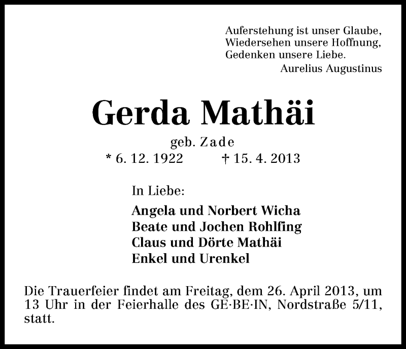 Traueranzeige von Gerda Mathäi von WESER-KURIER