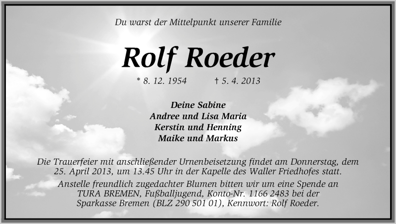  Traueranzeige für Rolf Roeder vom 20.04.2013 aus WESER-KURIER
