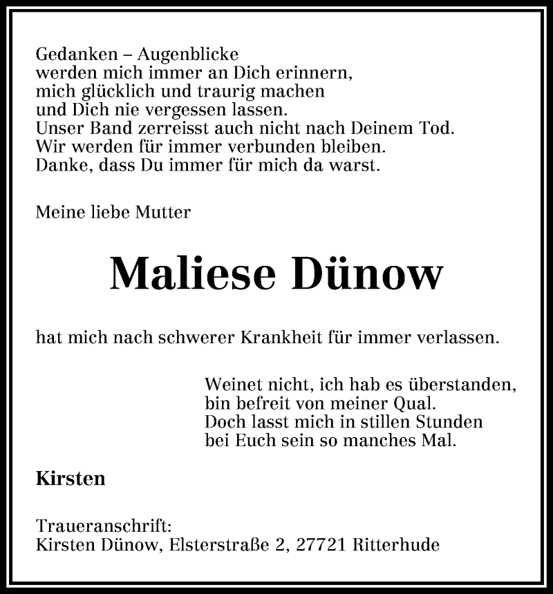 Traueranzeige von Maliese Dünow von WESER-KURIER