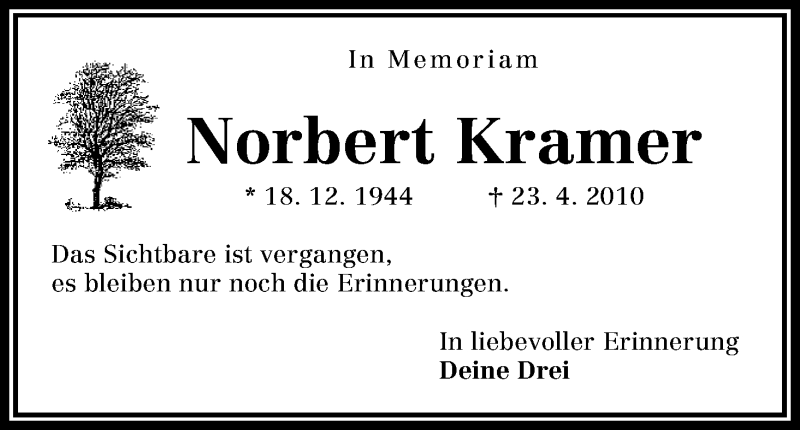  Traueranzeige für Norbert Kramer vom 23.04.2013 aus WESER-KURIER