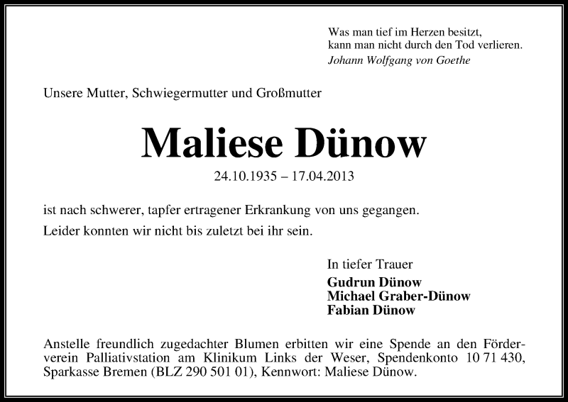 Traueranzeige von Maliese Dünow von WESER-KURIER