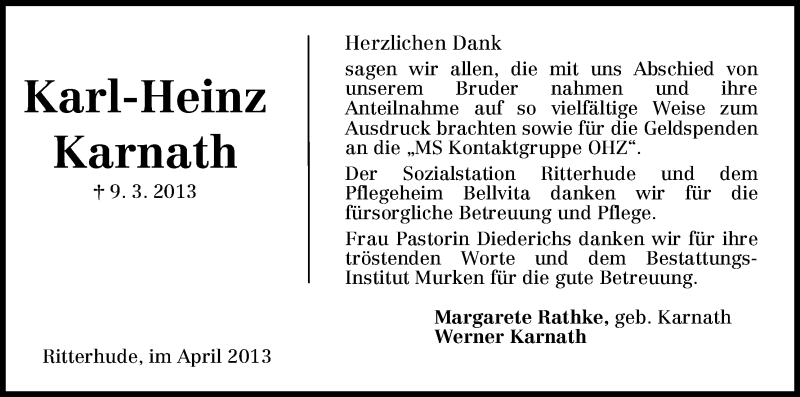 Traueranzeige von Karl-Heinz Karnath von WESER-KURIER